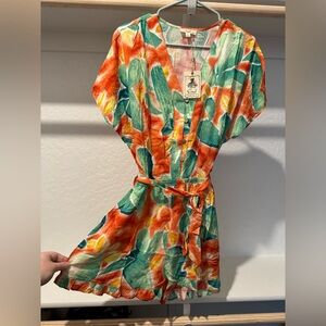 Easel brand Tropical Button-Front romper in Orange, Teal & Yellow size Large